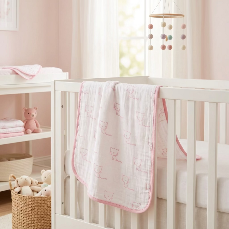 Monica + Andy Single Layer Muslin Swaddle Blanket - Pink Cats