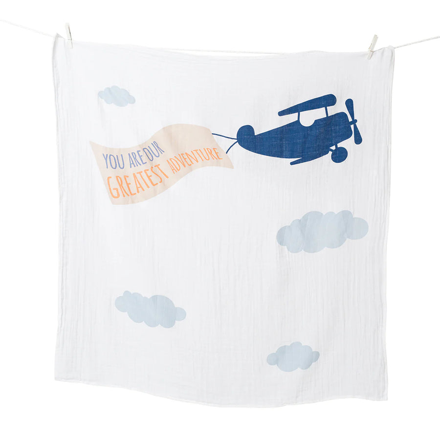 Lulujo Baby's First Year Gift Set - Cotton Swaddle & Cards - Greatest Adventure