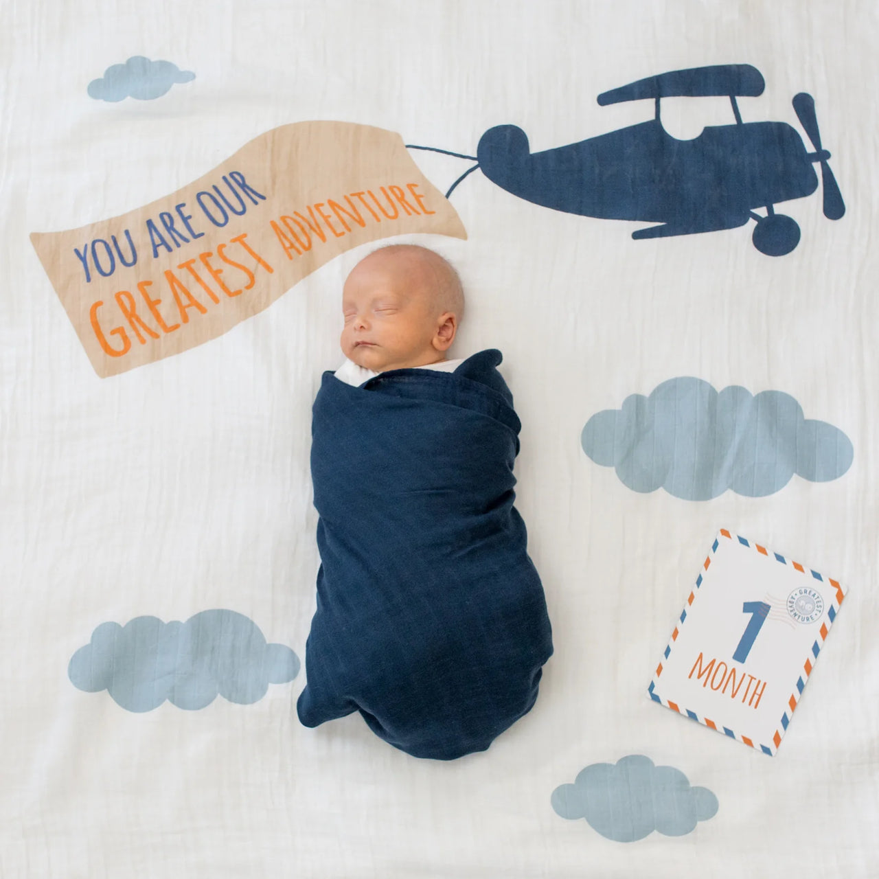 Lulujo Baby's First Year Gift Set - Cotton Swaddle & Cards - Greatest Adventure