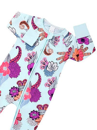 Thumbnail for Pale Blue Exotic Flowers Baby Zip Sleepsuit with Hand & Feet Cuffs (Various Sizes)