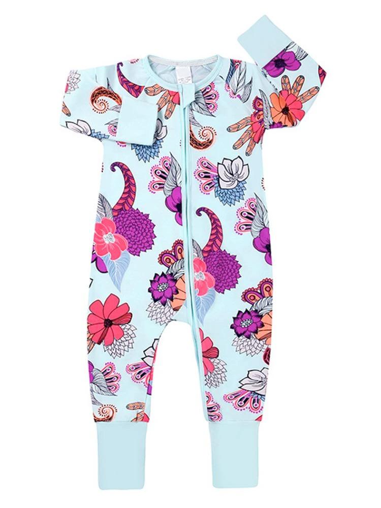 Pale Blue Exotic Flowers Baby Zip Sleepsuit with Hand & Feet Cuffs (Various Sizes)