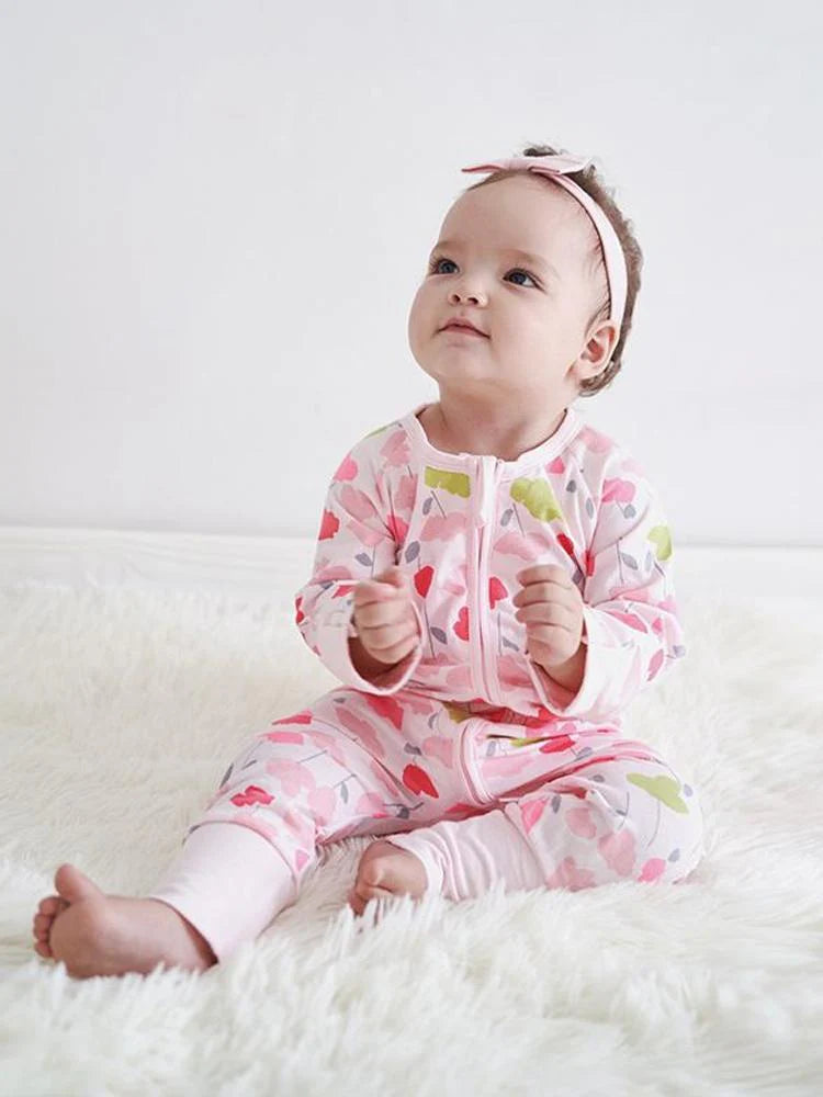 Pink Pansies Baby Zip Sleepsuit with Hand & Feet Cuffs (Various Sizes)