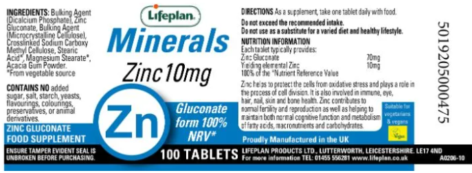 LifePlan Zinc Gluconate 10mg - 100 tablets