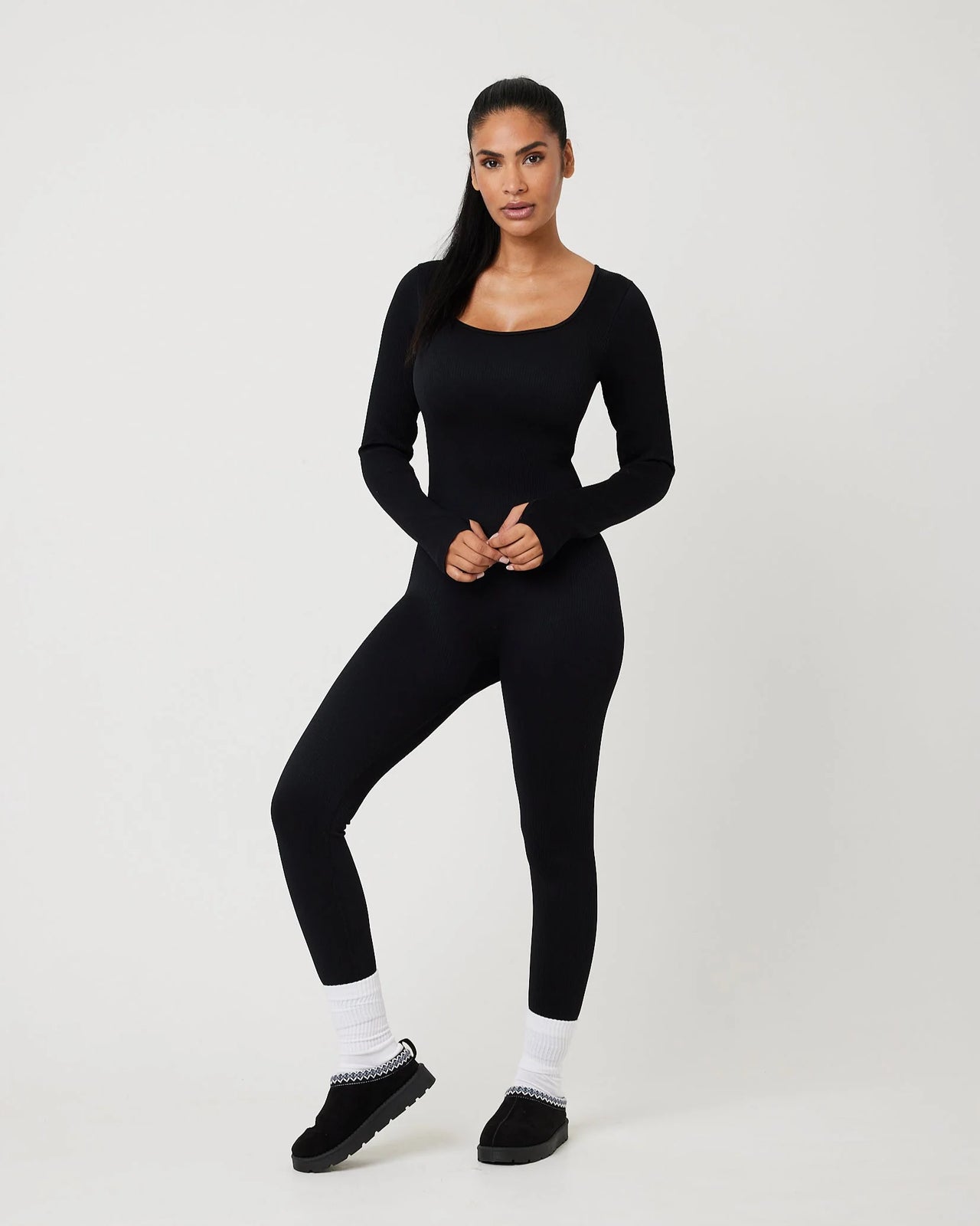 Snuggz Fit Ribbed Long Sleeve Black Seamless Jumpsuit (Various Sizes)