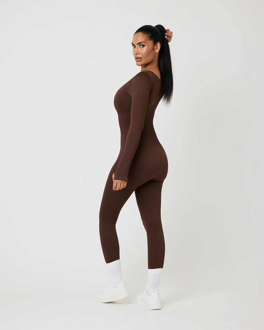 Snuggz Fit Ribbed Long Sleeve Mocha Seamless Jumpsuit (Various Sizes)