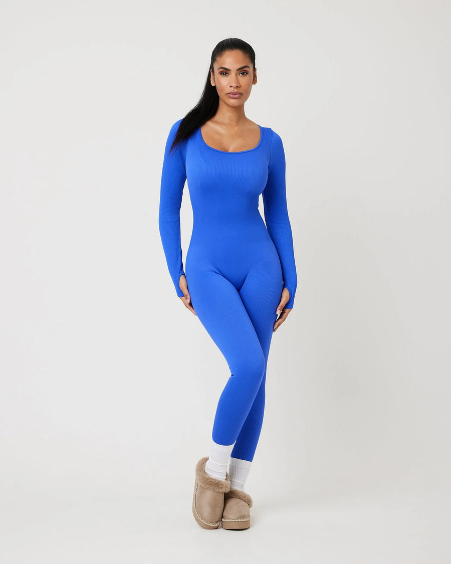 Snuggz Fit Ribbed Long Sleeve Blue Seamless Jumpsuit (Various Sizes)