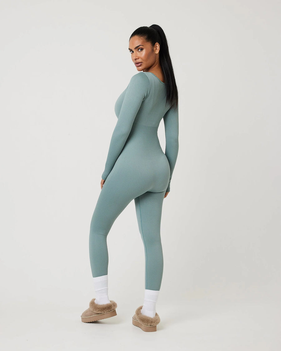 Snuggz Fit Ribbed Long Sleeve Green Seamless Jumpsuit (Various Sizes)