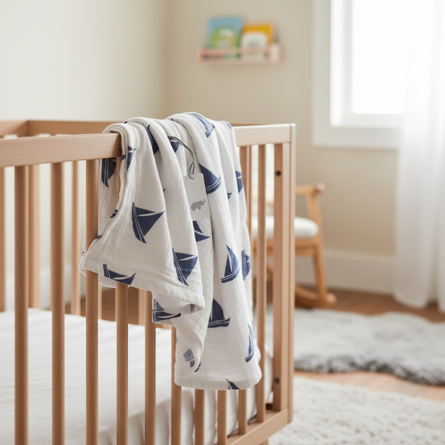 Monica + Andy Single Layer Muslin Swaddle Blanket - Blue Ships