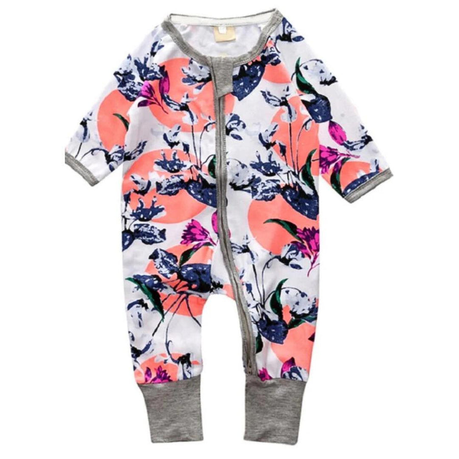 Oriental Flowers - White & Grey Baby Zip Sleepsuit (Various Sizes)