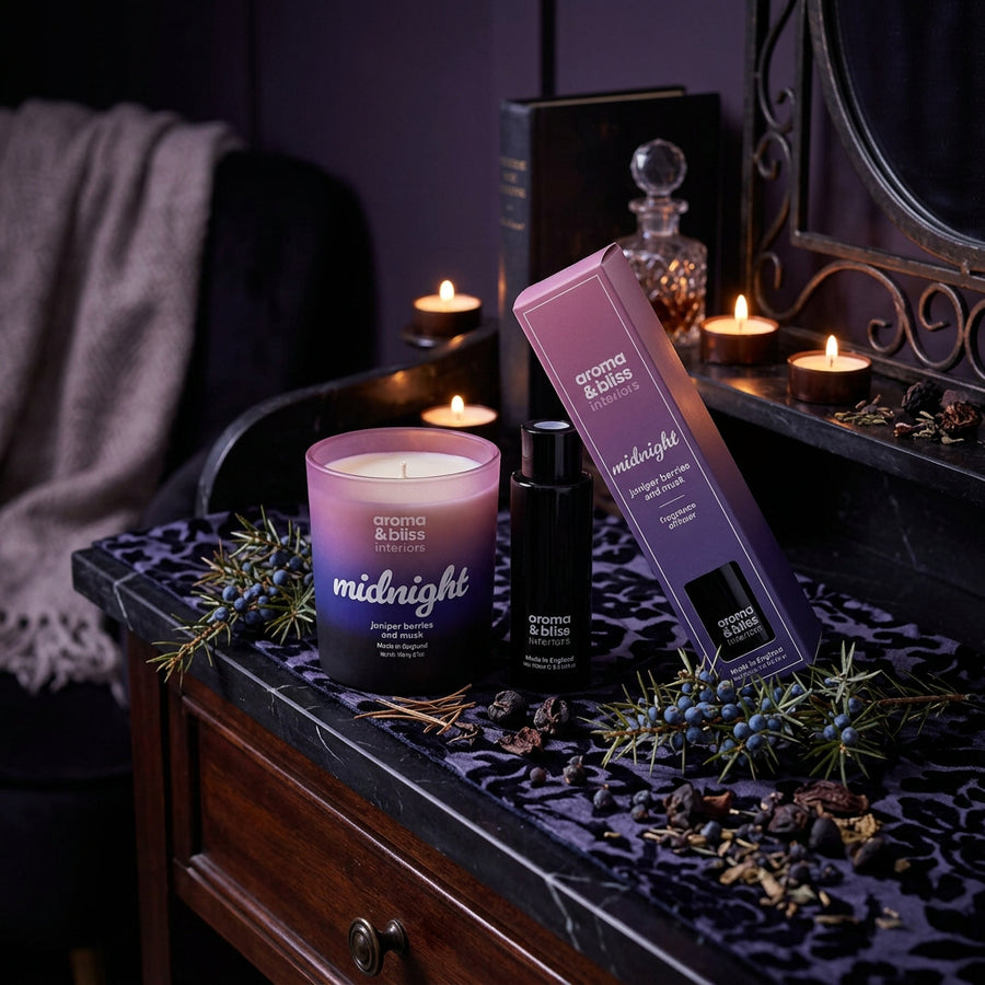 Aroma & Bliss Midnight Candle & Diffuser Duo – Juniper Berries & Musk