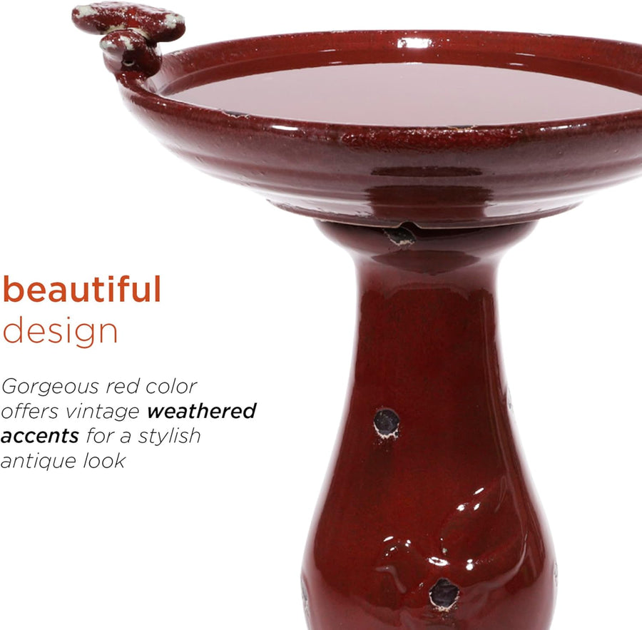 Alpine Corporation Outdoor Ceramic Antique Pedestal Birdbath - Red - liquidation.store