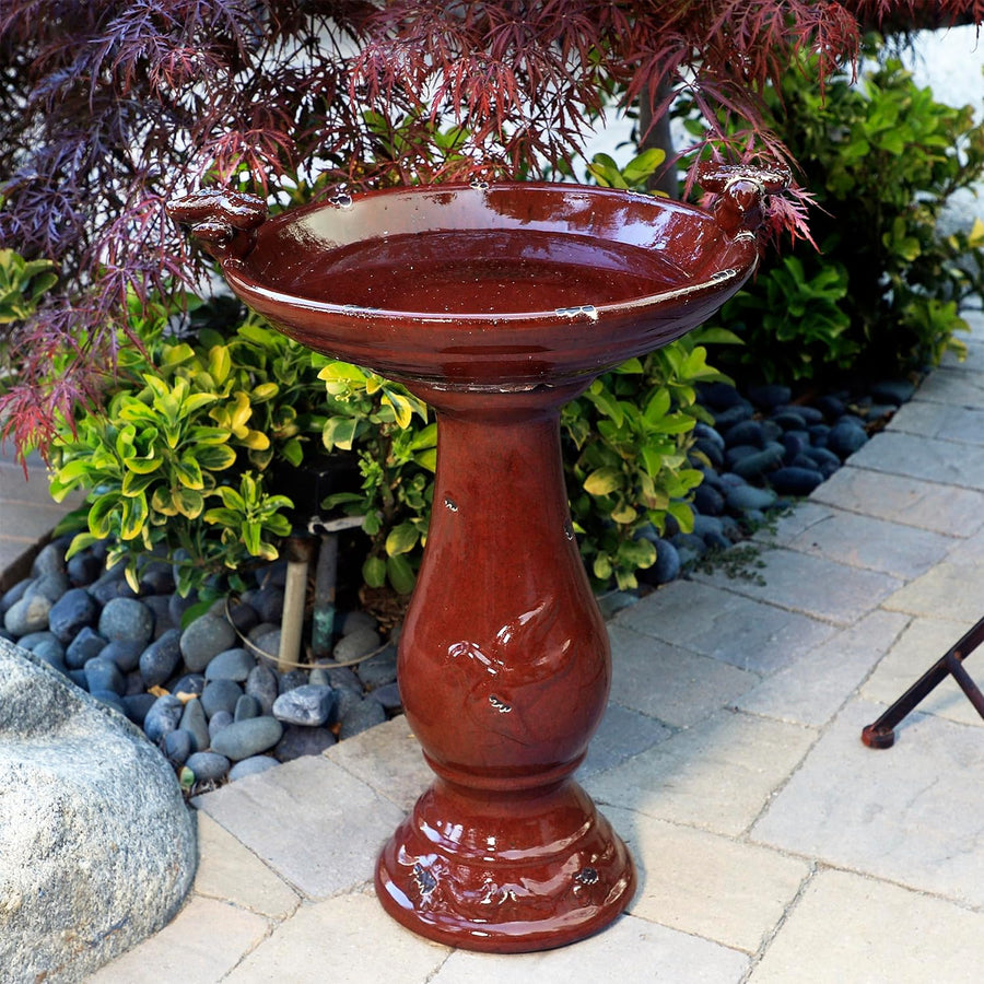 Alpine Corporation Outdoor Ceramic Antique Pedestal Birdbath - Red - liquidation.store