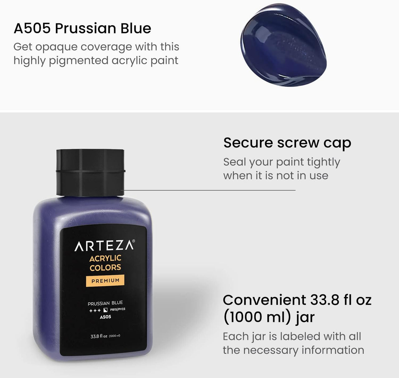 ARTEZA Acrylic Paint A505 Prussian Blue - 1000ml Jar - liquidation.store