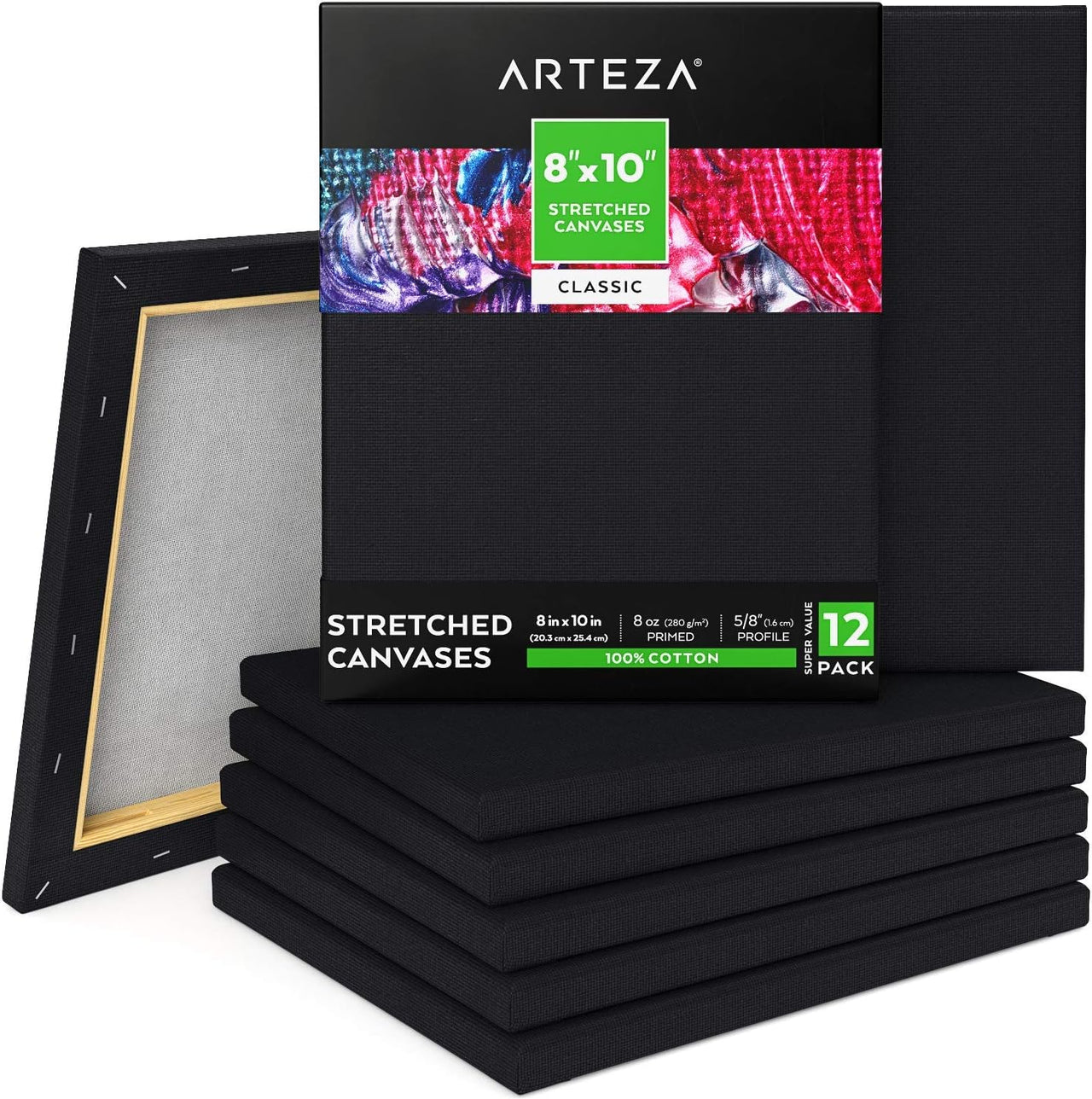 Arteza Black Stretched Canvas - 20x25cm (Pack of 12) - liquidation.store