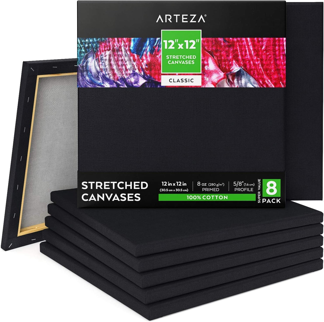 Arteza Black Stretched Square Canvas - 30x30cm (Pack of 8) - liquidation.store