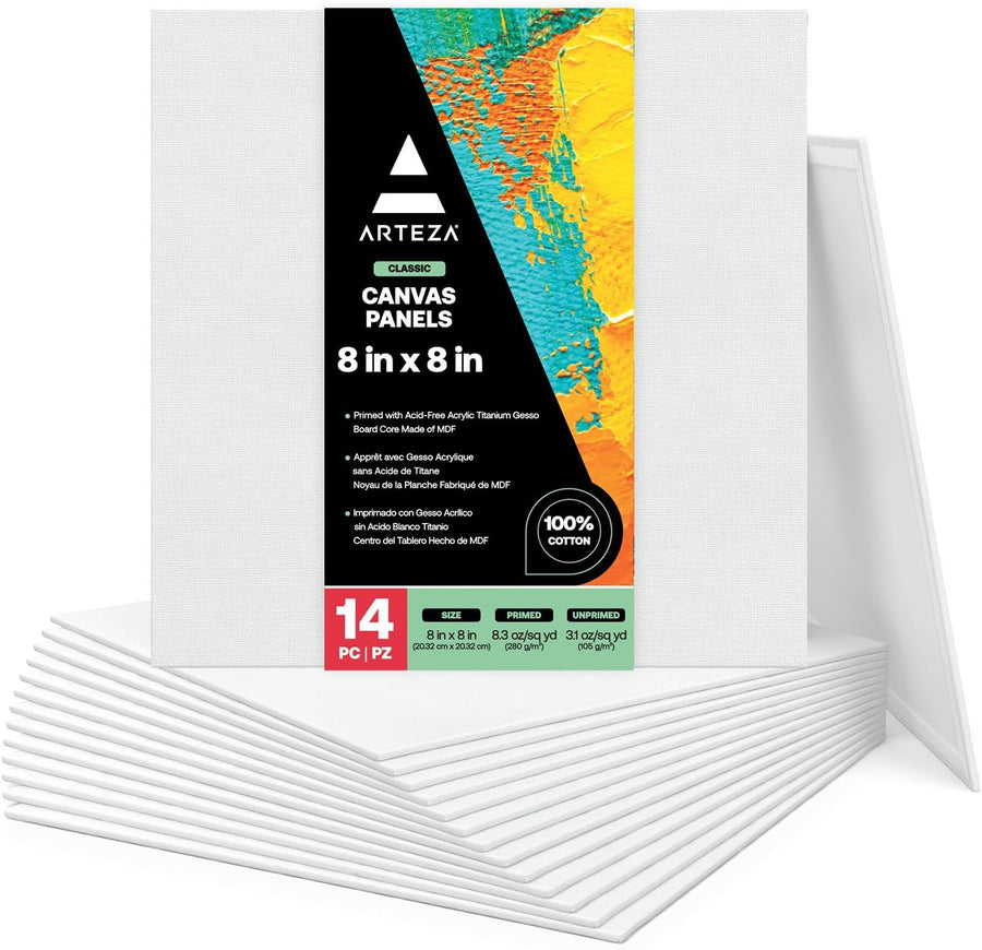 Arteza Blank Square Canvas Panels Boards 8"x8" (20x20cm) - 14 Pack - liquidation.store
