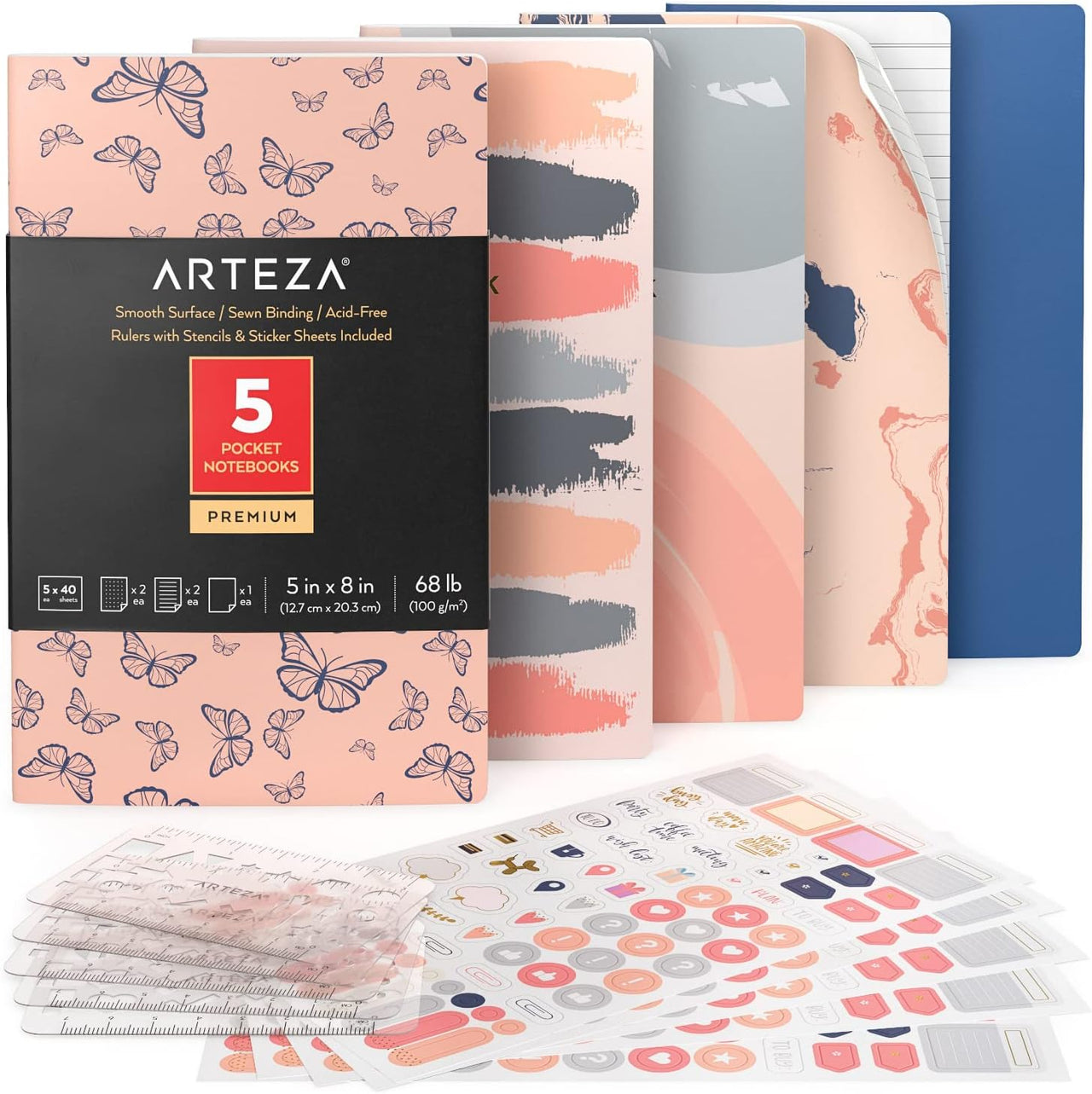 ARTEZA Pocket Notebooks, Set of 5 (12.7cm x 20.3cm) - liquidation.store