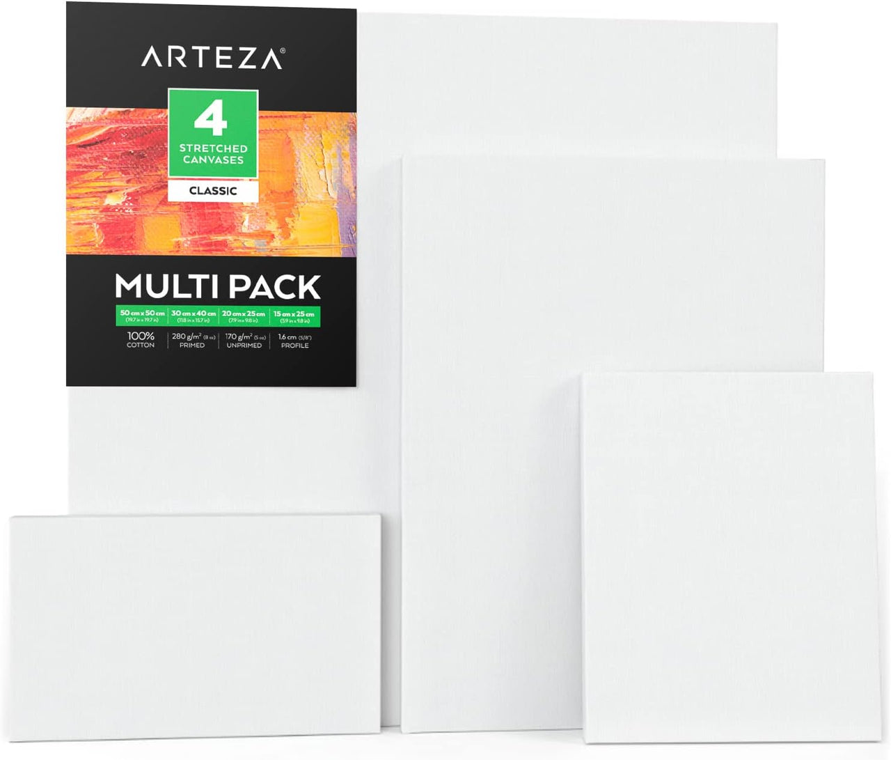 ARTEZA Stretched Canvas, Pack of 4, 100% Cotton and Primed - liquidation.store