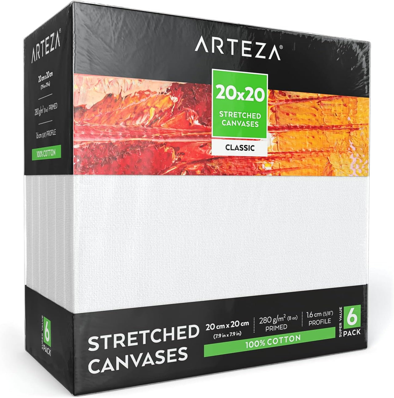 Arteza Stretched Square Canvas - 6 Pack 20cm x 20cm (7.9 x 7.9inch) - liquidation.store