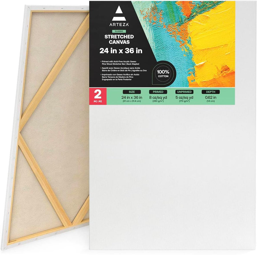 Arteza Stretched White Blank Canvas - 60x91cm (24x36") - 2 Pack - liquidation.store