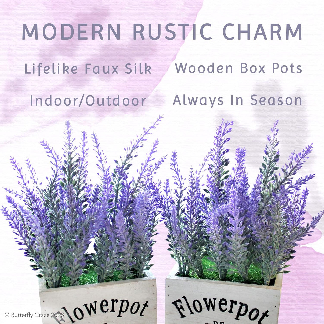 Artificial Lavender Plants in Rustic Wooden Planters - Set of 2 - liquidation.store