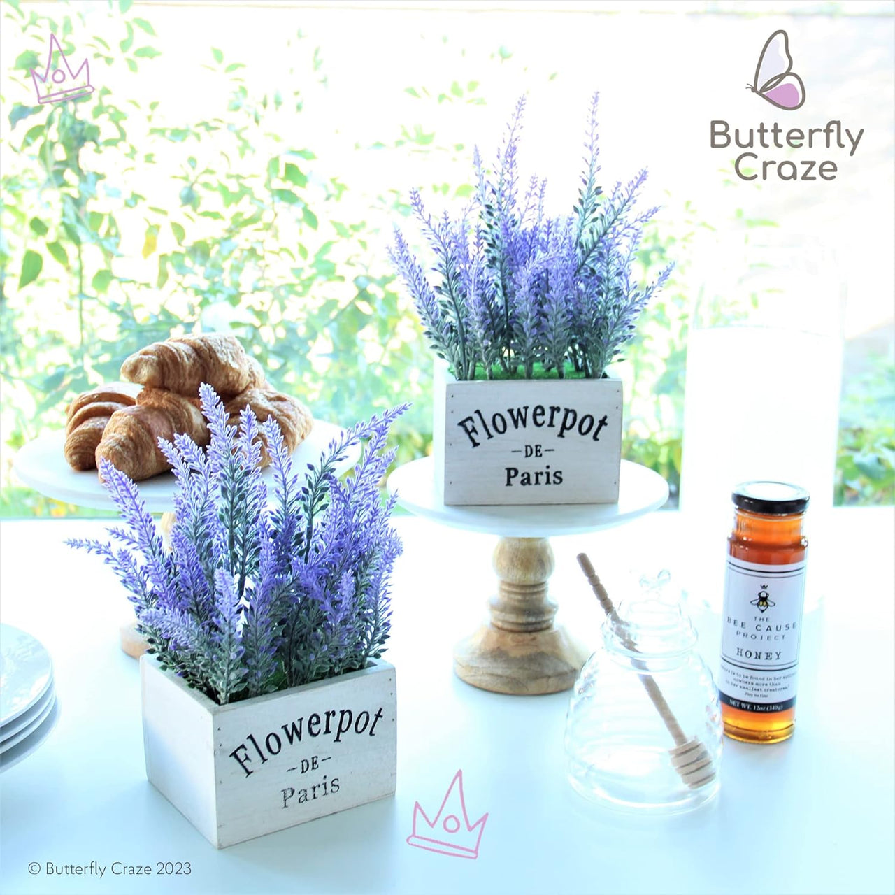 Artificial Lavender Plants in Rustic Wooden Planters - Set of 2 - liquidation.store