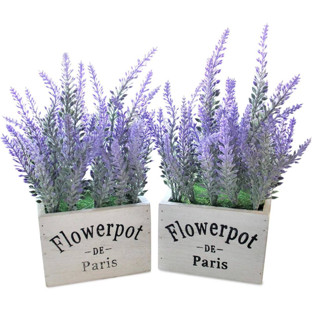 Artificial Lavender Plants in Rustic Wooden Planters - Set of 2 - liquidation.store