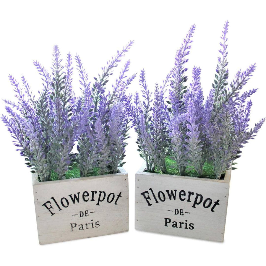 Artificial Lavender Plants in Rustic Wooden Planters - Set of 2 - liquidation.store