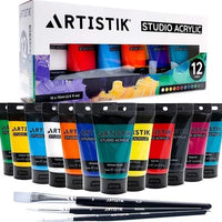 Artistik Studio Acrylic Paints 12 x 75ml Set with 3 Brushes – Premium Student Quality - liquidation.store