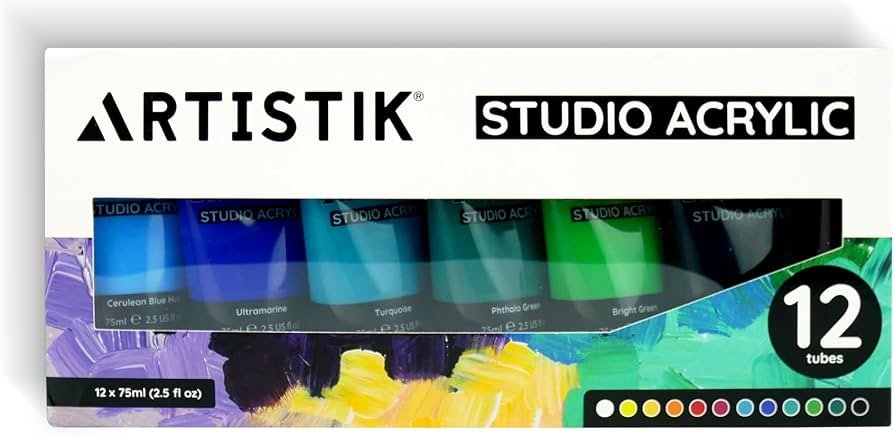 Artistik Studio Acrylic Paints 12 x 75ml Set with 3 Brushes – Premium Student Quality - liquidation.store