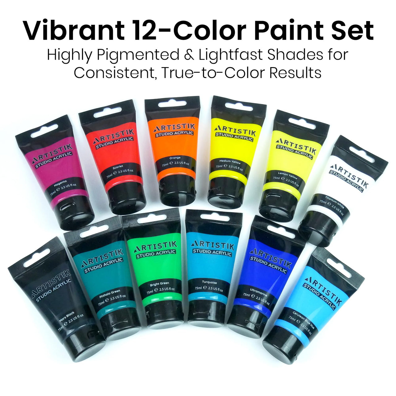 Artistik Studio Acrylic Paints 12 x 75ml Set with 3 Brushes – Premium Student Quality - liquidation.store