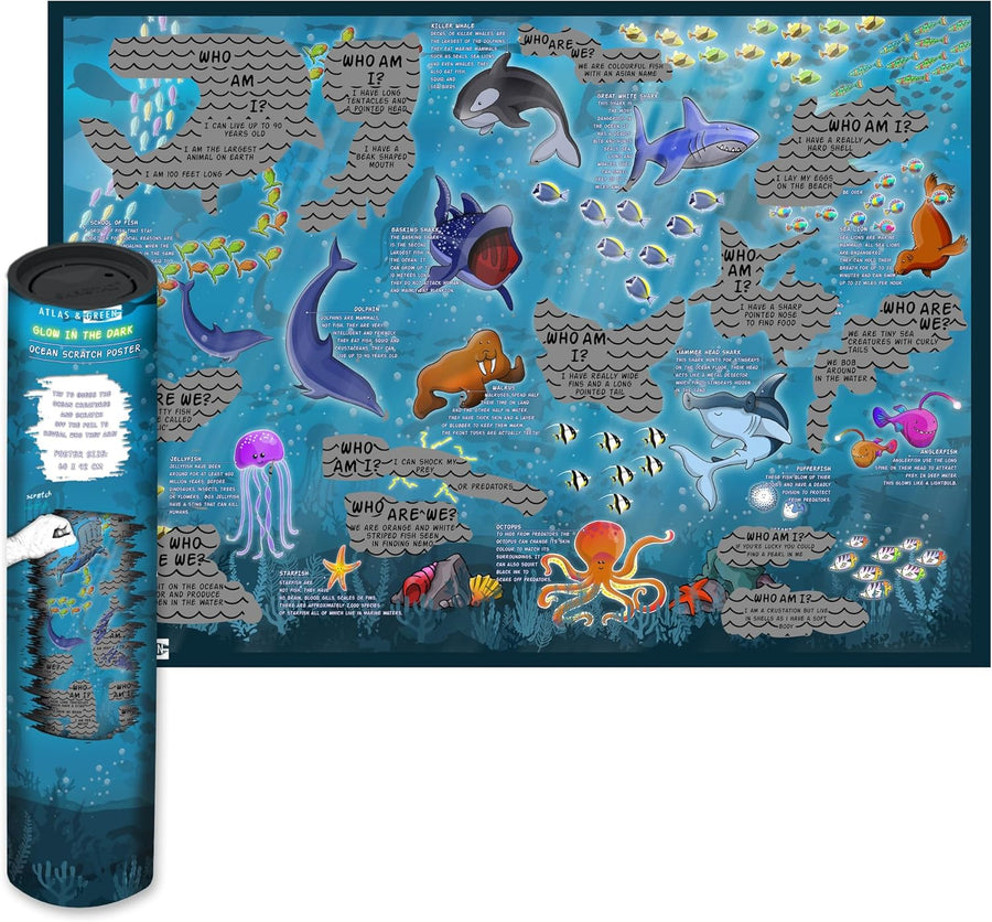 Atlas & Green Glow in the Dark Ocean Scratch Poster for Kids - liquidation.store