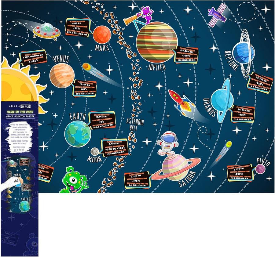 Atlas & Green Glow in the Dark Space Kids Scratch off Poster - liquidation.store