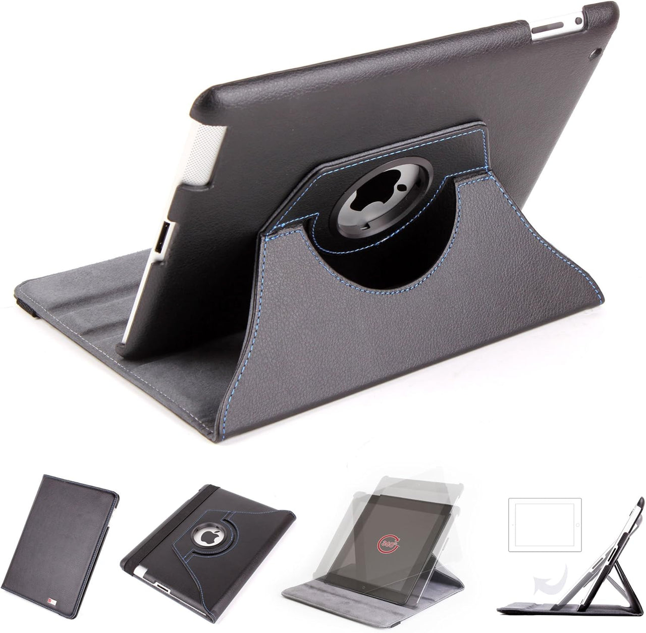 Black Faux Leather Rotating iPad Case For Apple iPad 4|iPad 3 - liquidation.store