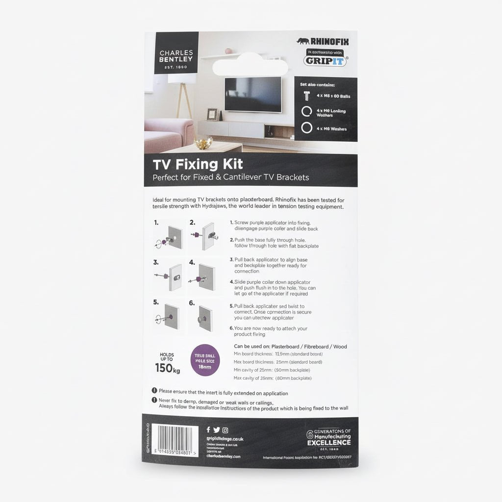 Charles Bentley Gripit Rhinofix Cantilever TV Fixing Kit - liquidation.store