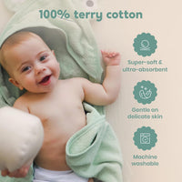 CuddleBug Cotton Hooded Baby Towel & Wash Mitt Set - Frog Sage Green - liquidation.store