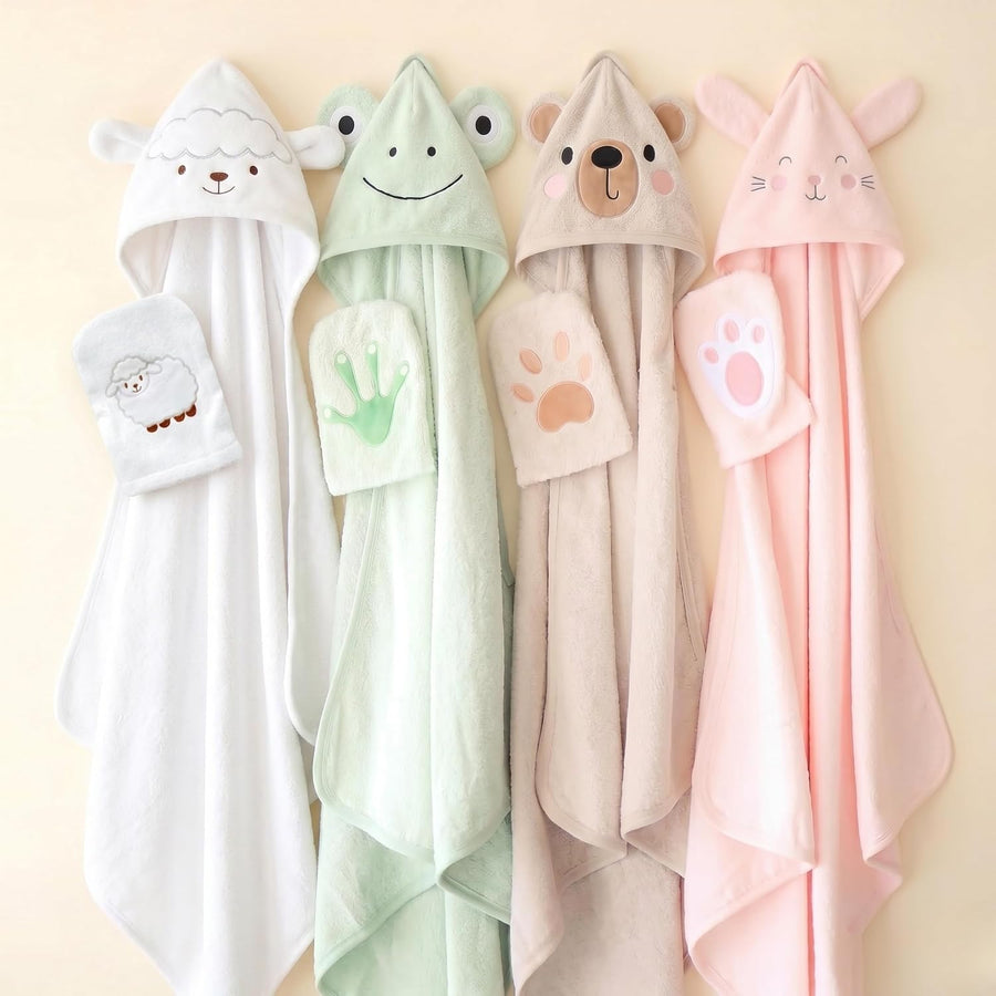 CuddleBug Cotton Hooded Baby Towel & Wash Mitt Set - Frog Sage Green - liquidation.store