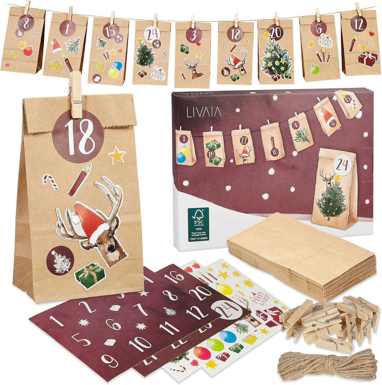 DIY Advent Calendar Kit - Beautiful Craft Advent Calendar with 24 Paper Bags and Craft Stickers - liquidation.store