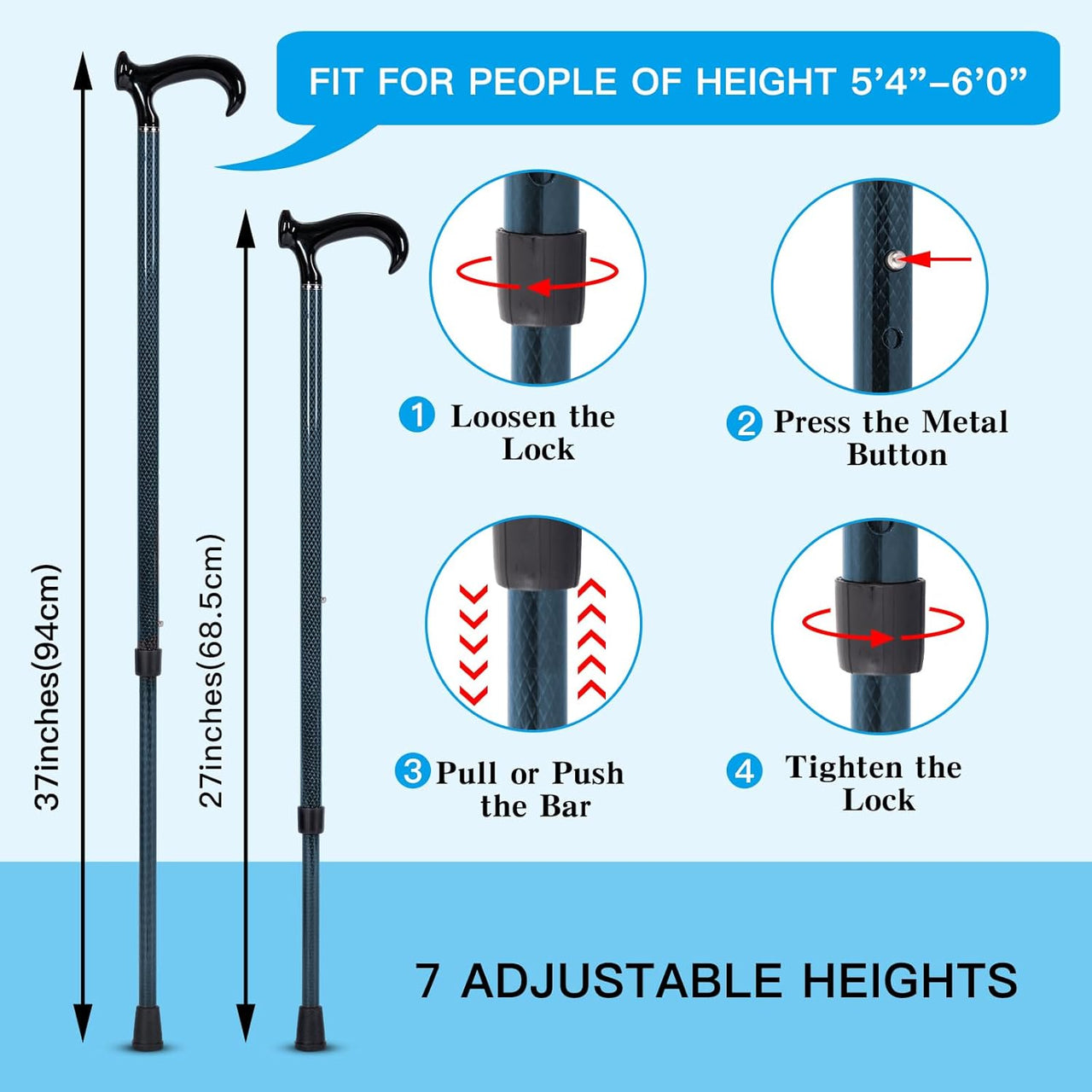 DRAGON CARBON Adjustable Walking Cane (68.5 - 94 cm) - Blue - liquidation.store