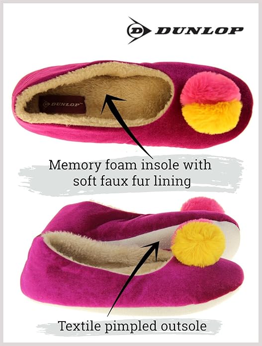 DUNLOP Womens Purple Pom Pom Slippers - XL (UK 11 - 12) - liquidation.store