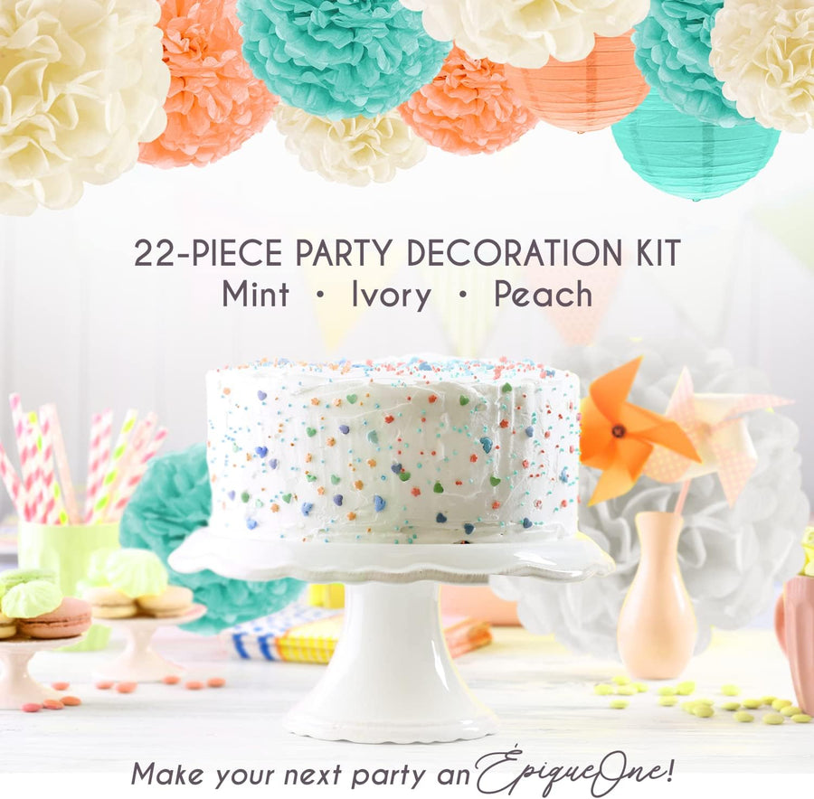 EpiqueOne 22 - Piece Party Decoration Kit – Mint, Peach, Ivory - liquidation.store