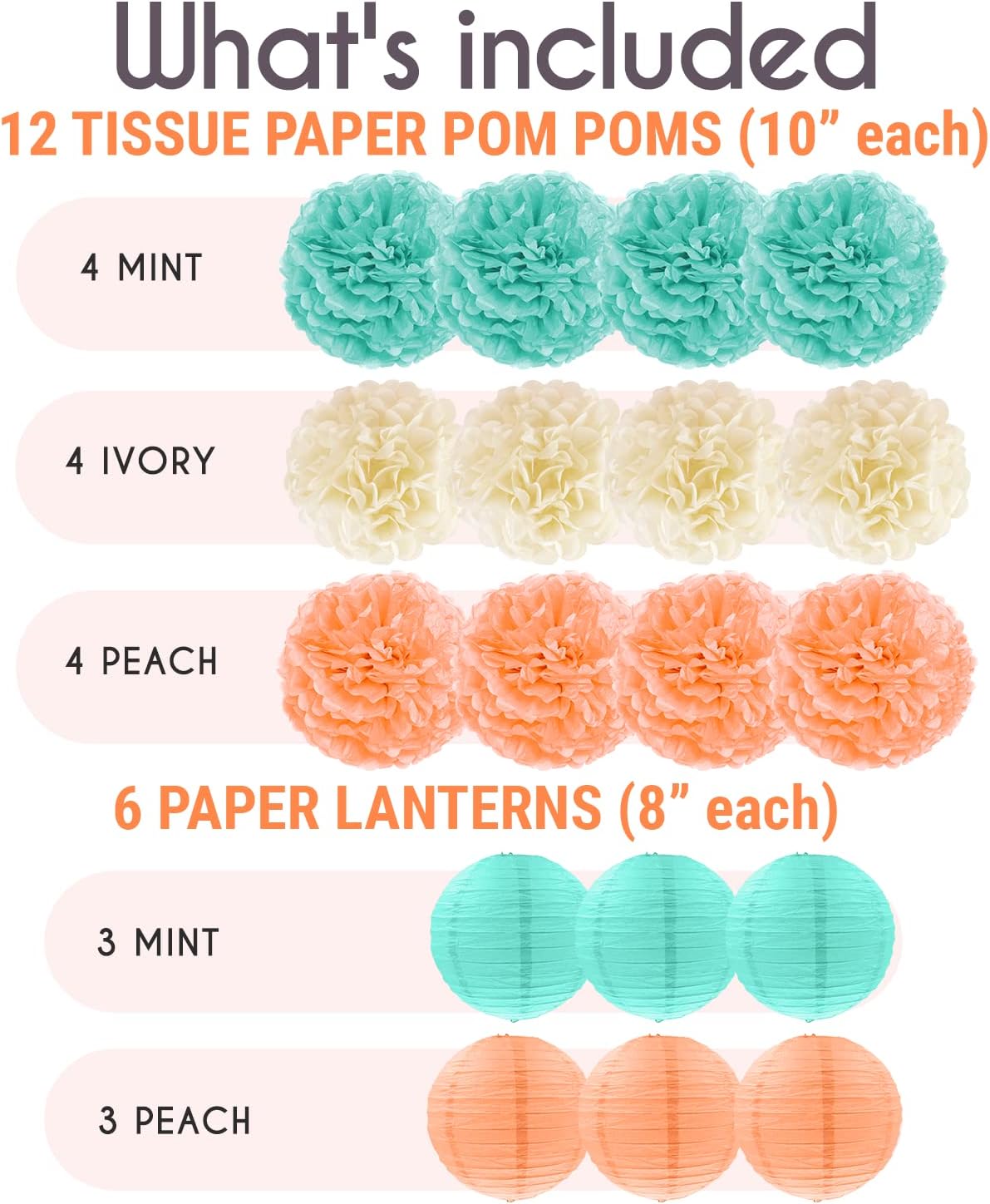 EpiqueOne 22 - Piece Party Decoration Kit – Mint, Peach, Ivory - liquidation.store