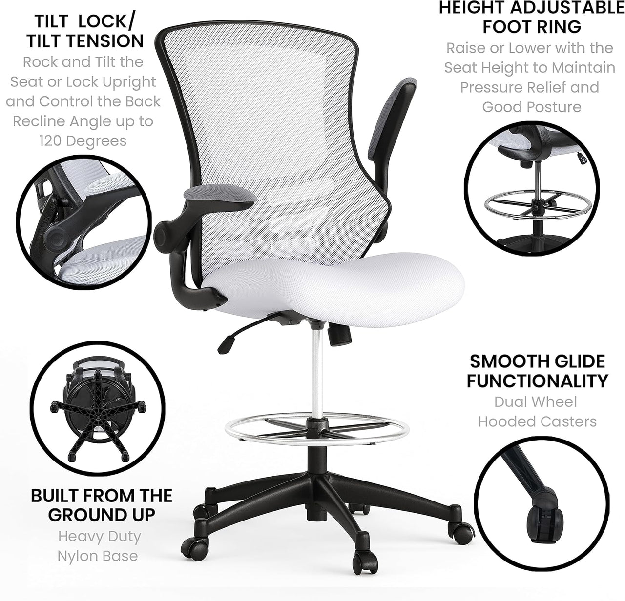 Flash Furniture Drafting Chair - White Mesh - liquidation.store