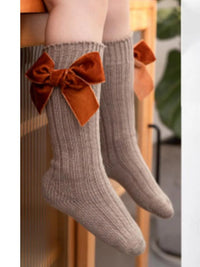 Thumbnail for Girls Velvet Bow Long Socks - Beige (Various Sizes) - liquidation.store