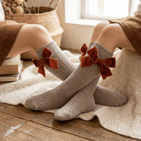 Thumbnail for Girls Velvet Bow Long Socks - Beige (Various Sizes) - liquidation.store