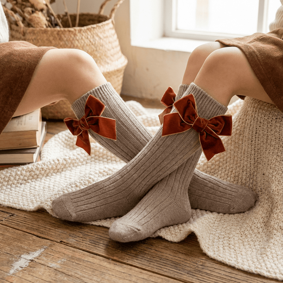 Girls Velvet Bow Long Socks - Beige (Various Sizes) - liquidation.store