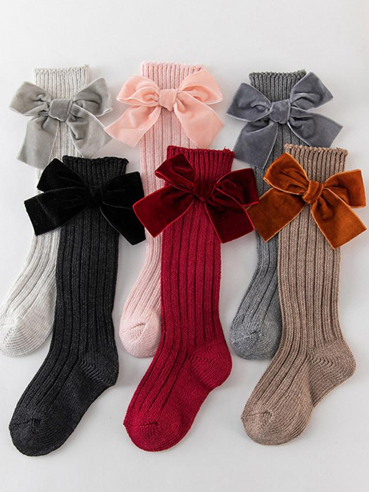 Girls Velvet Bow Long Socks - Beige (Various Sizes) - liquidation.store
