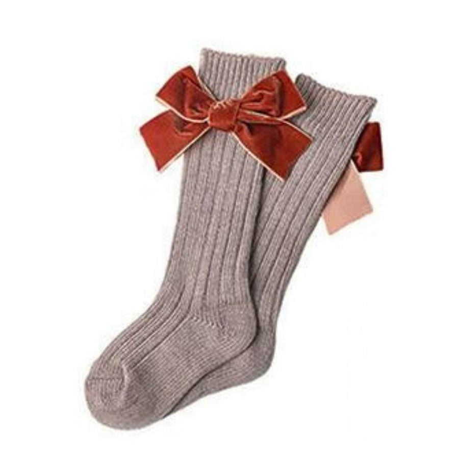 Girls Velvet Bow Long Socks - Beige (Various Sizes) - liquidation.store