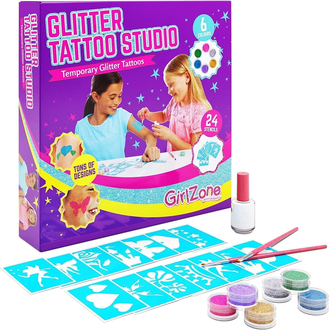 GirlZone Temporary Glitter Tattoos Kit for Girls - 33 Pieces - liquidation.store
