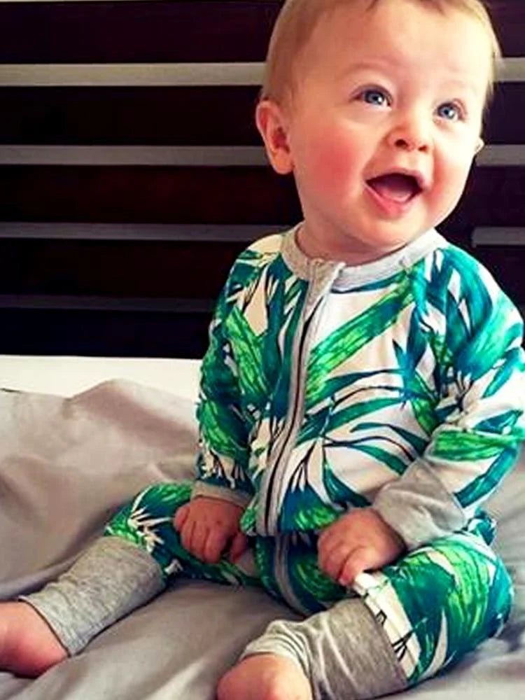 Green Blue Tropical Baby Zip Sleepsuit with Hand & Feet Cuffs (Various Sizes) - liquidation.store